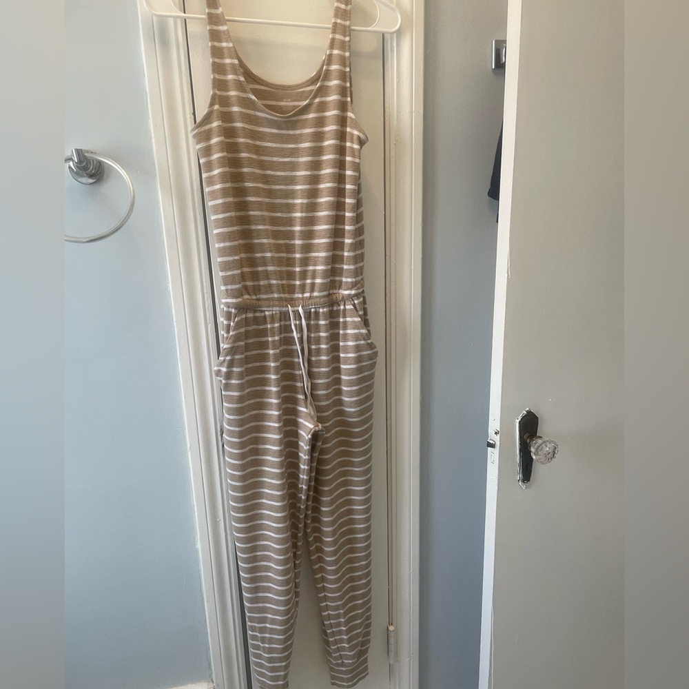 Aerie Striped Tan and White Jumpsuit with Pockets